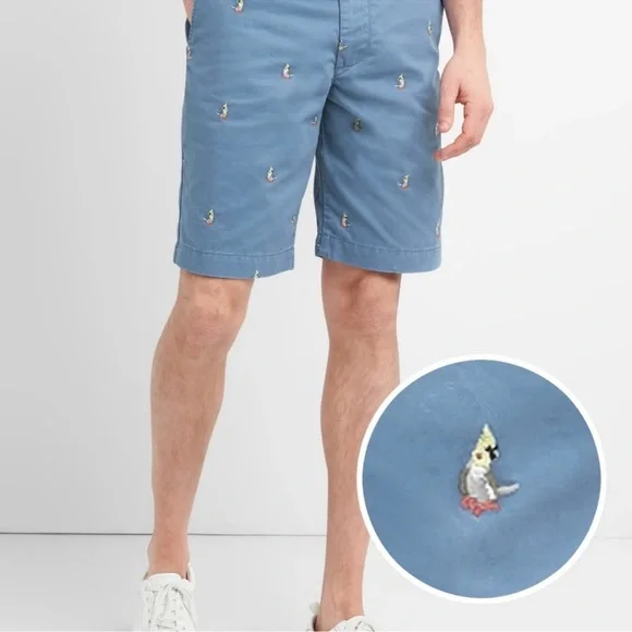Gap Blue Men’s Chino Shorts with Embroidered Parakeets Size 31 - Picture 2 of 6